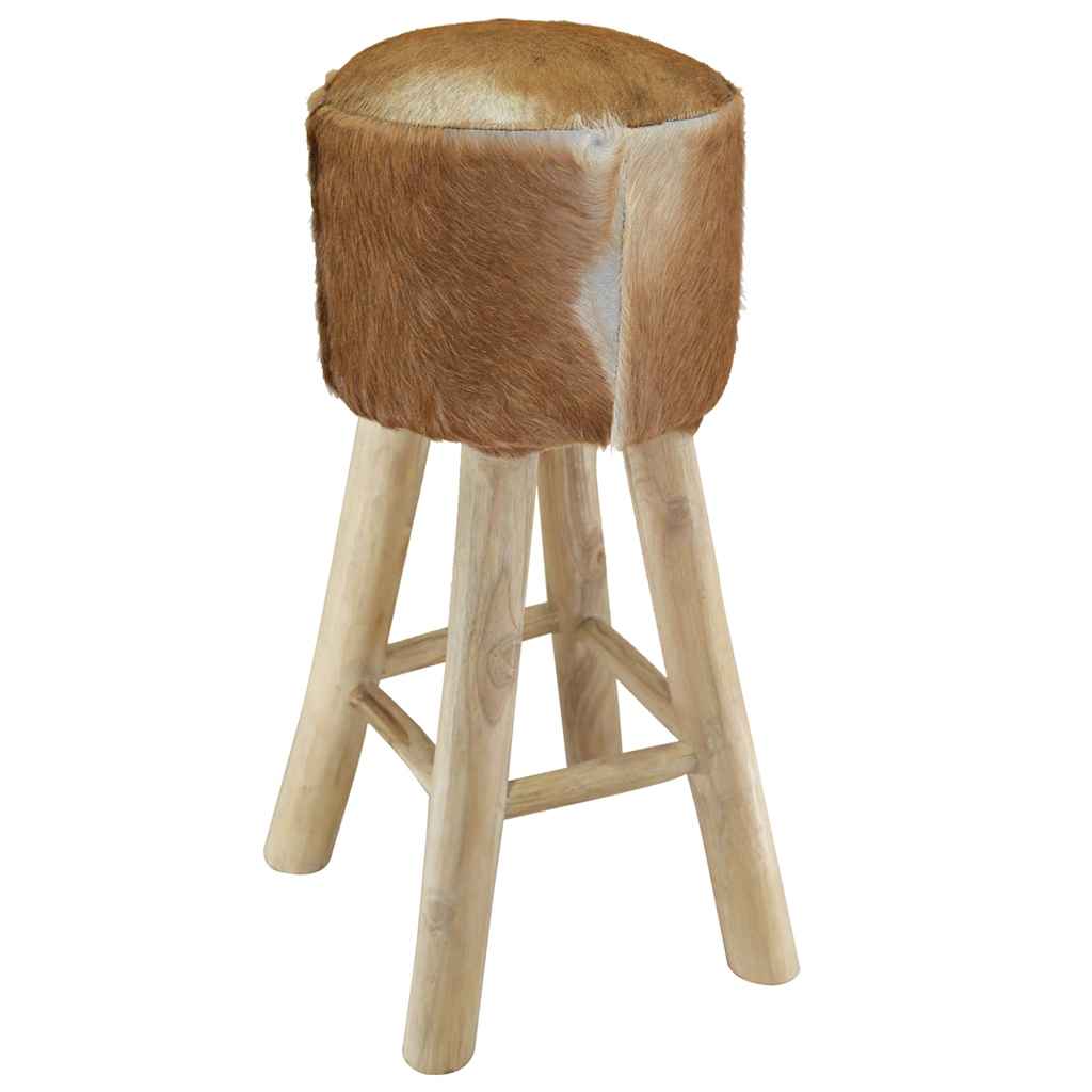 Sgabello da Bar in Pelle di Capra e Legno Massello di Teak