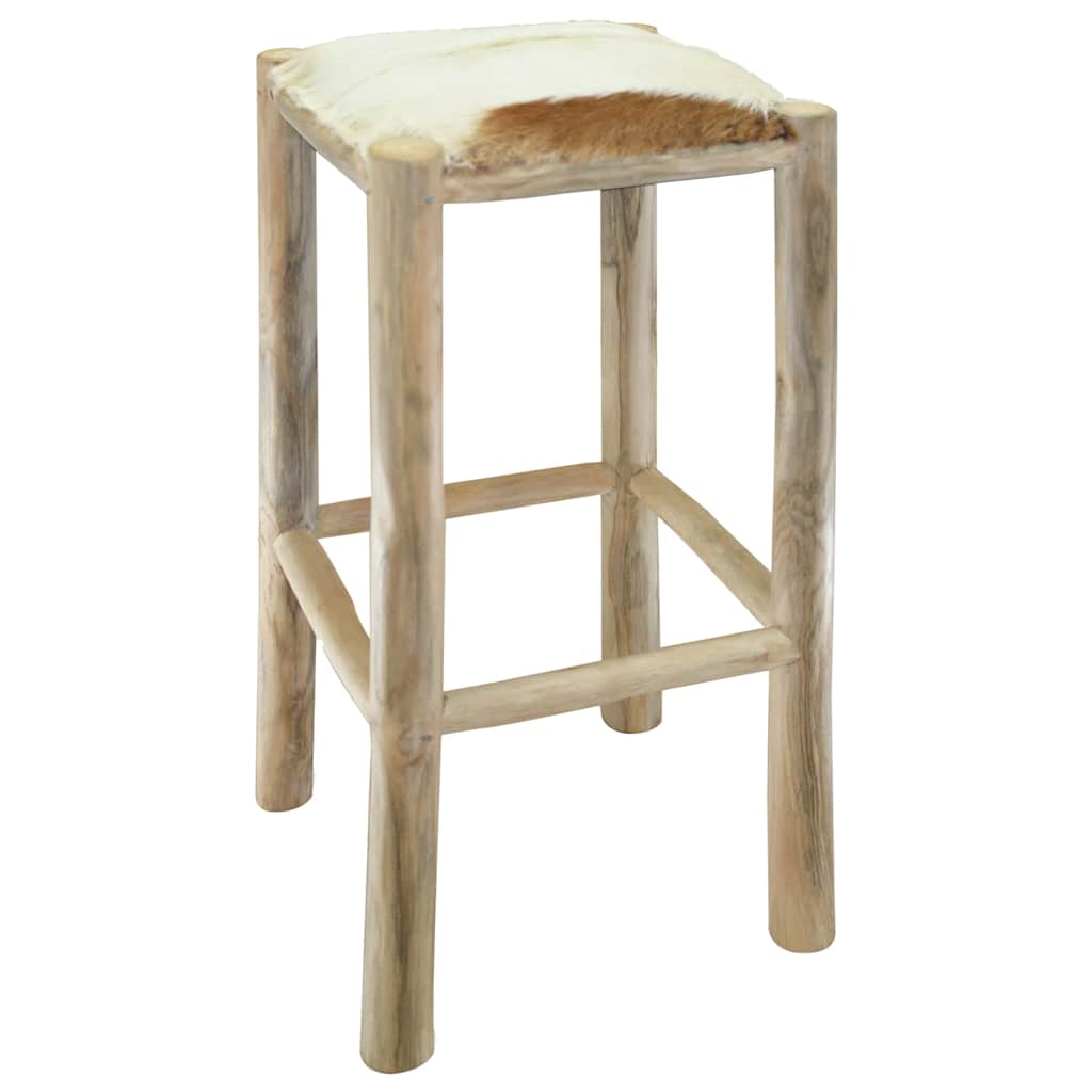 Sgabello da Bar in Pelle di Capra e Legno Massello di Teak