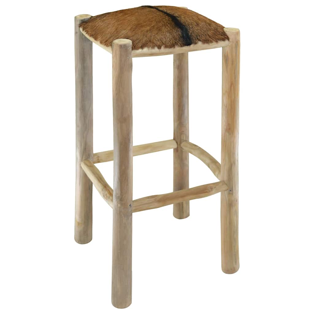 Sgabello da Bar in Pelle di Capra e Legno Massello di Teak