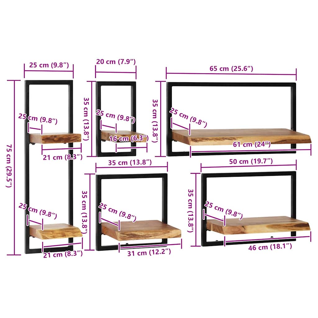 Set di Mensole 5 pz in Legno Massello di Acacia e Acciaio