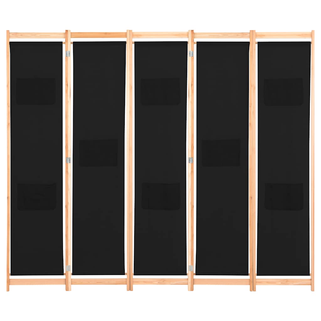 Divisorio a 5 Pannelli Nero 200x170x4 cm in Tessuto