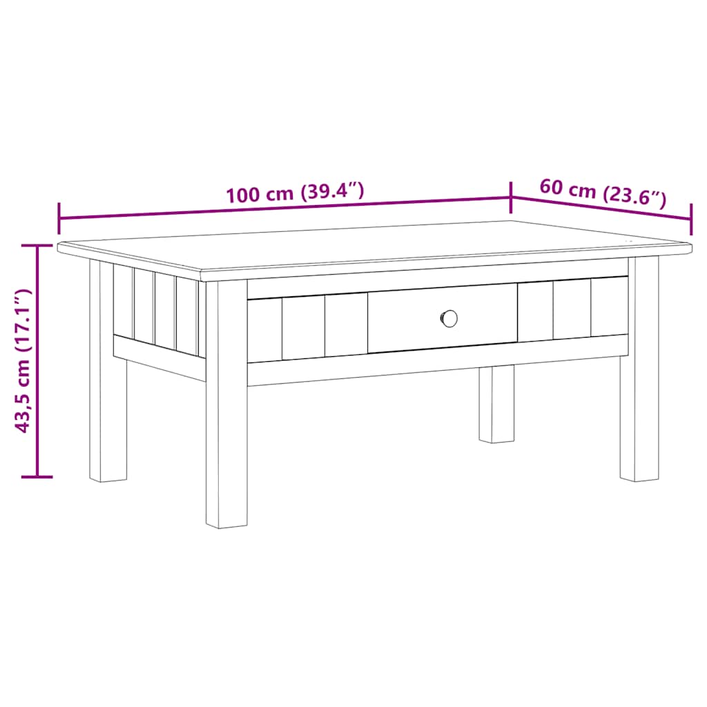 Tavolino da Salotto 100x60x43,5 cm in Pino Massello Panama Range
