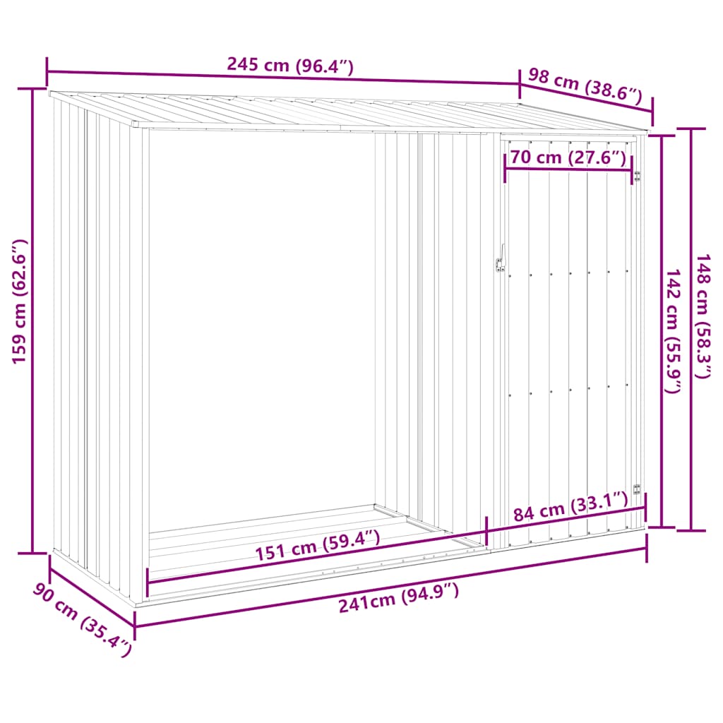 Capanno per Legna Grigio 245x98x159 cm in Acciaio Zincato