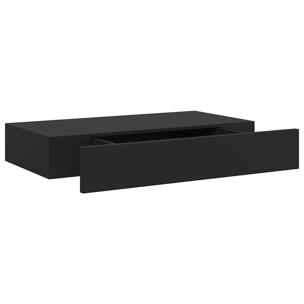 Mensola a Muro Galleggianti con Cassetto Nera 48x25x8 cm