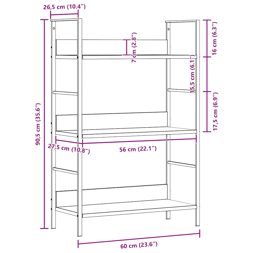 Scaffale Libri 3 Ripiani Rovere 60x27,6x90,5 Legno Multistrato