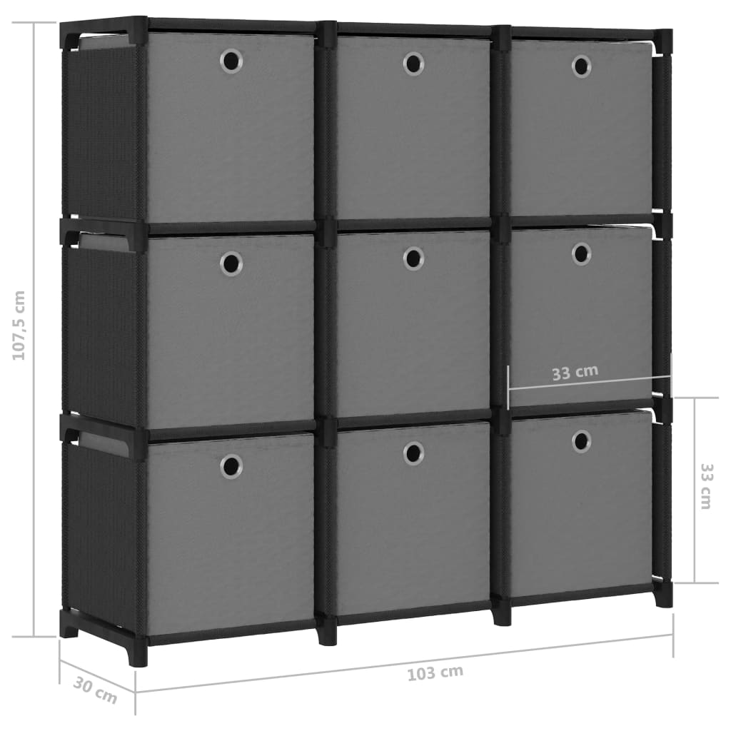 Mobile con 9 Scatole a Cubo Nero 103x30x107,5 cm in Tessuto