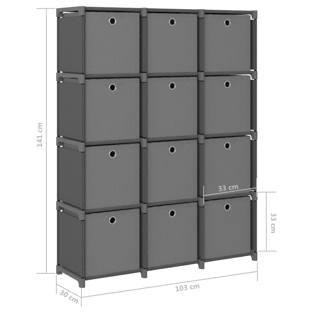 Mensola con 12 Scatole a Cubo Grigia 103x30x141 cm in Tessuto