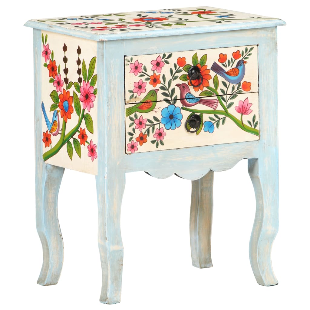 Comodino Dipinto a Mano 40x30x50 cm in Legno Massello di Mango