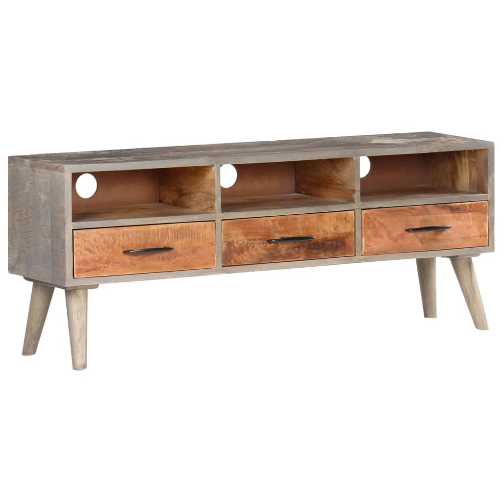 Mobile Porta TV Grigio 130x35x51 cm in Massello di Mango Grezzo