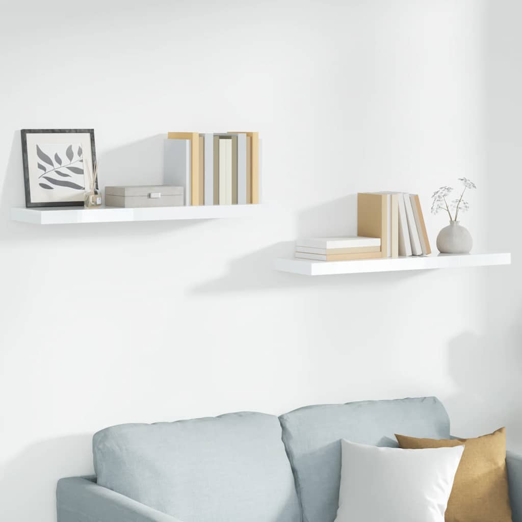 Scaffali a Parete 2 pz Bianco Lucido 90x23,5x3,8 cm in MDF