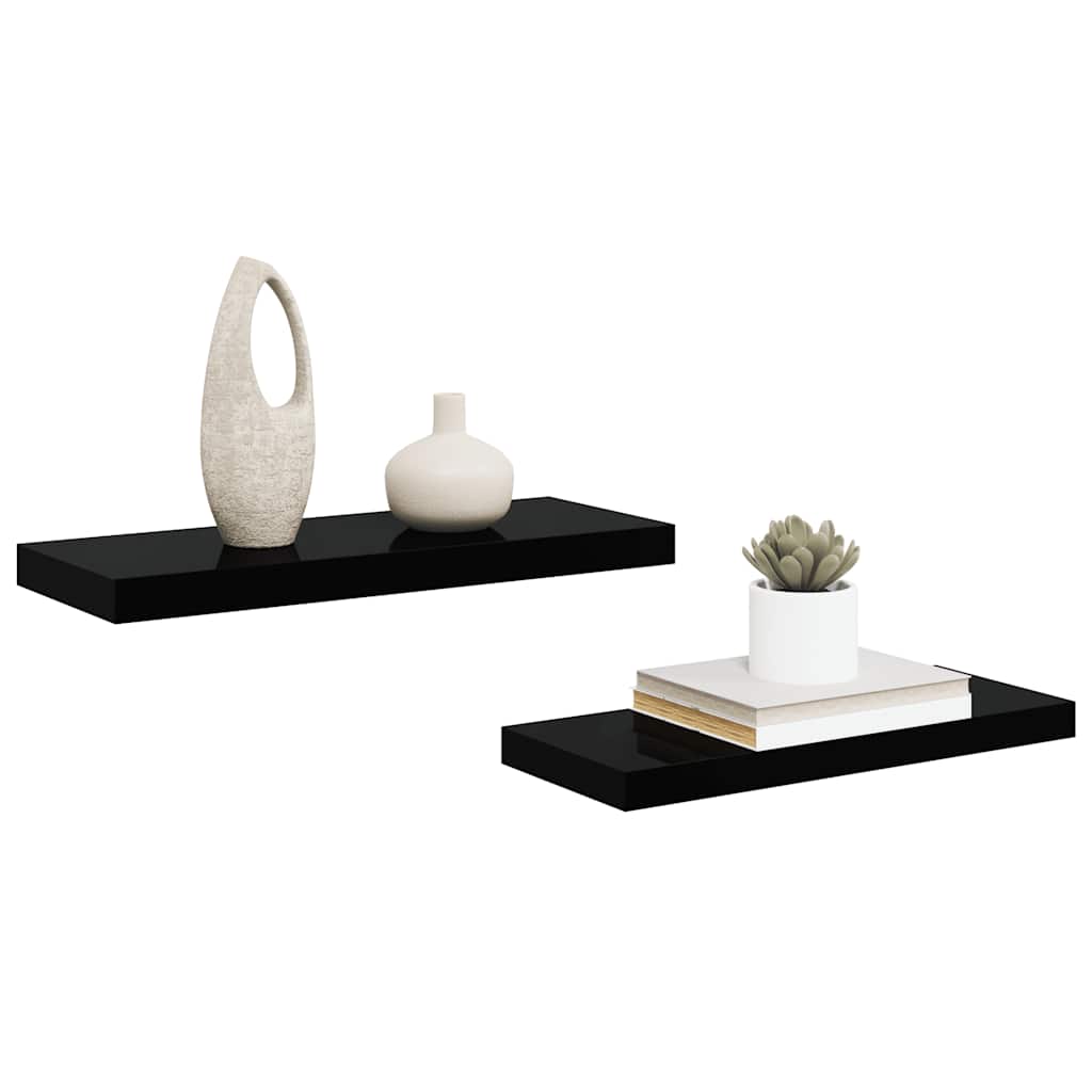 Scaffali a Parete 2 pz Nero Lucido 60x23,5x3,8 cm in MDF