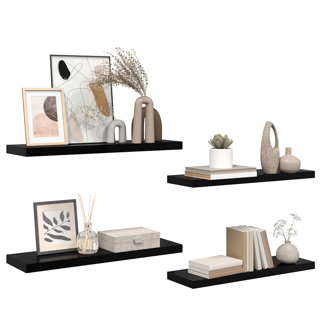 Scaffali a Parete 4 pz Nero Lucido 80x23,5x3,8 cm in MDF