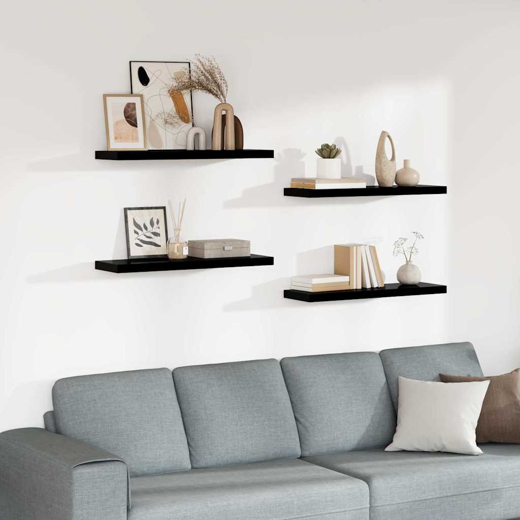 Scaffali a Parete 4 pz Nero Lucido 80x23,5x3,8 cm in MDF