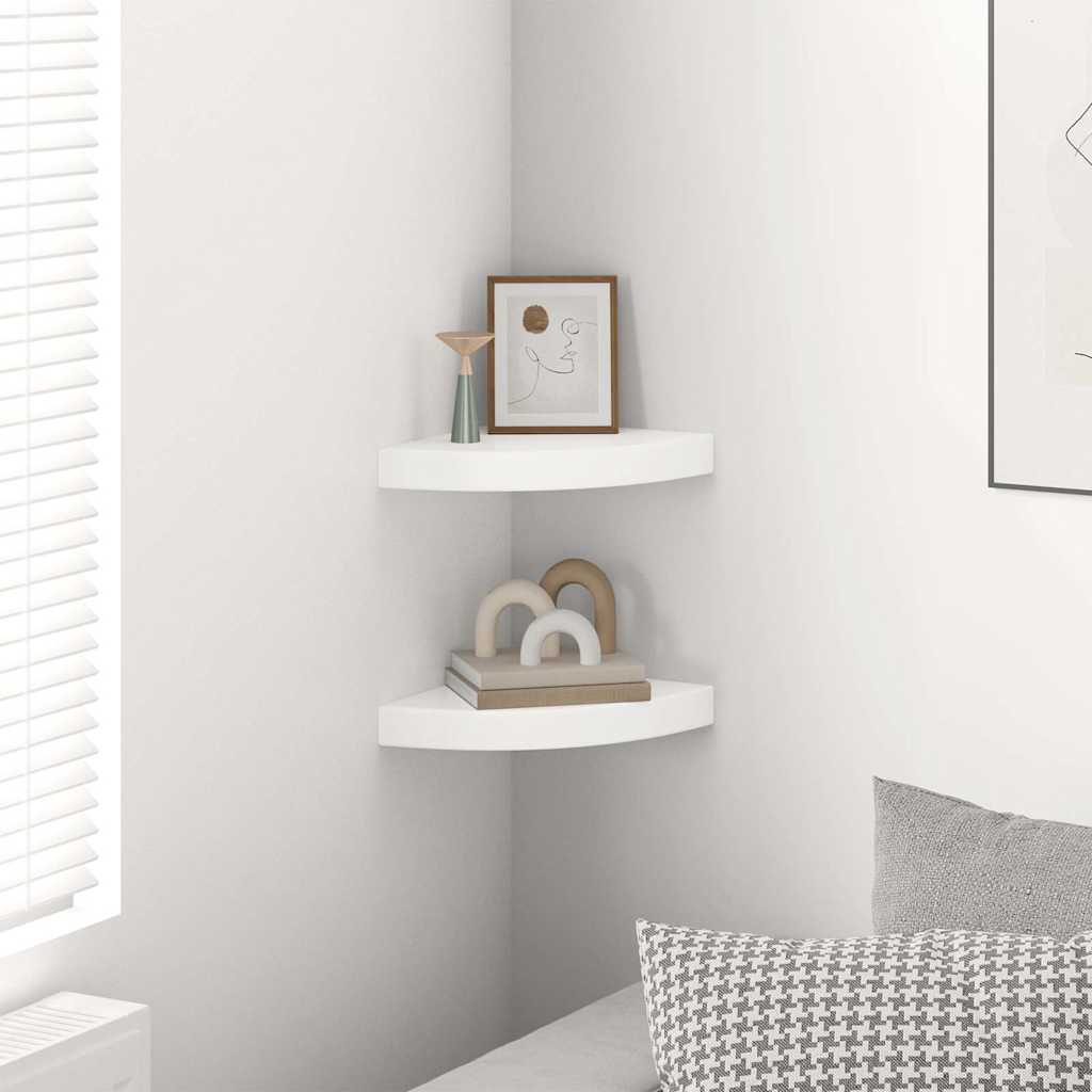 Mensole Angolari Sospese 2 pz Bianco Lucido 25x25x3,8 cm MDF