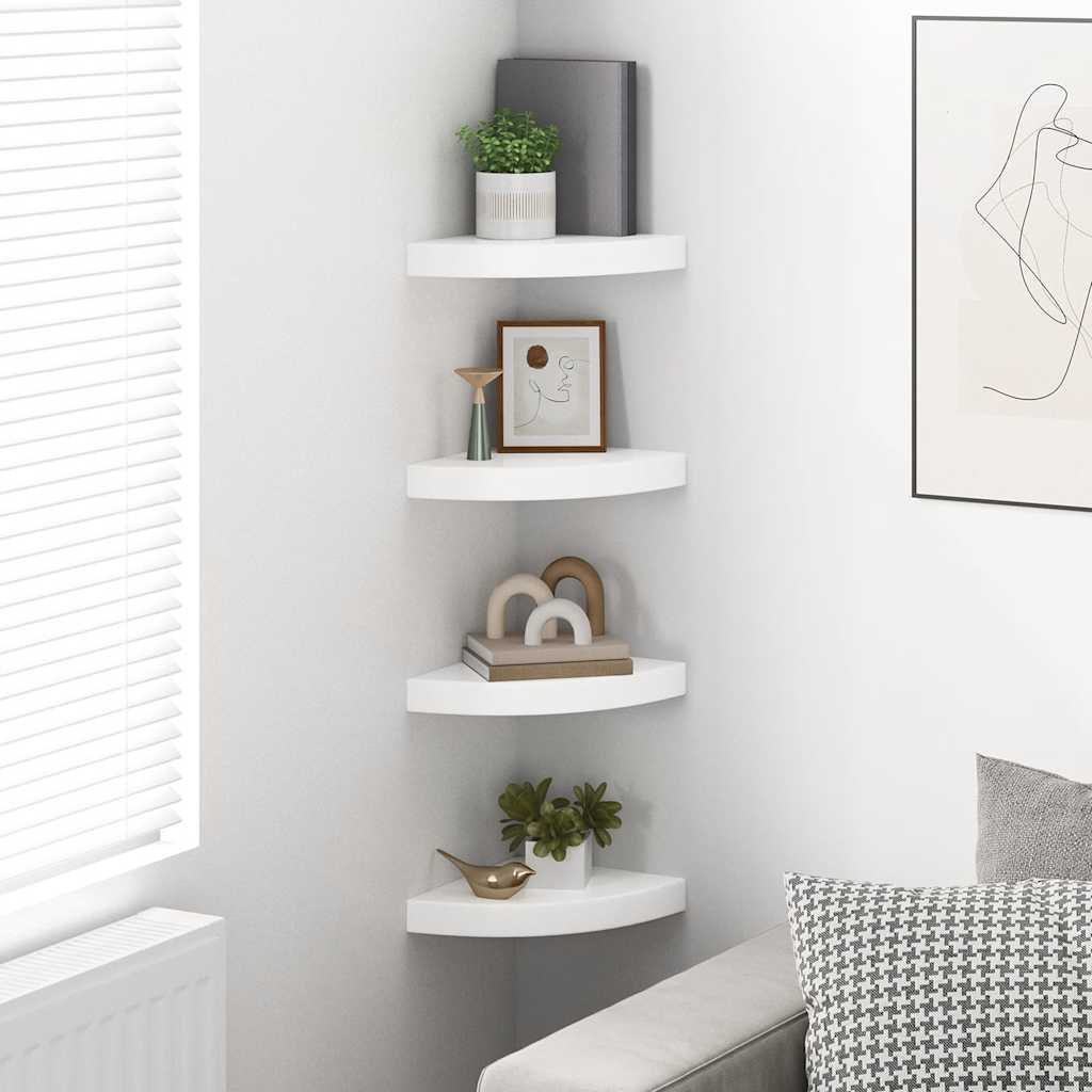 Mensole Angolari Sospese 4 pz Bianco Lucido 25x25x3,8 cm MDF