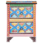 Comodino Dipinto a Mano 40x30x50 cm in Legno Massello di Mango