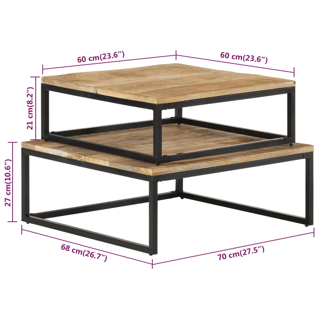 Tavolini da Salotto Impilabili 2 pz in Legno Massello di Mango