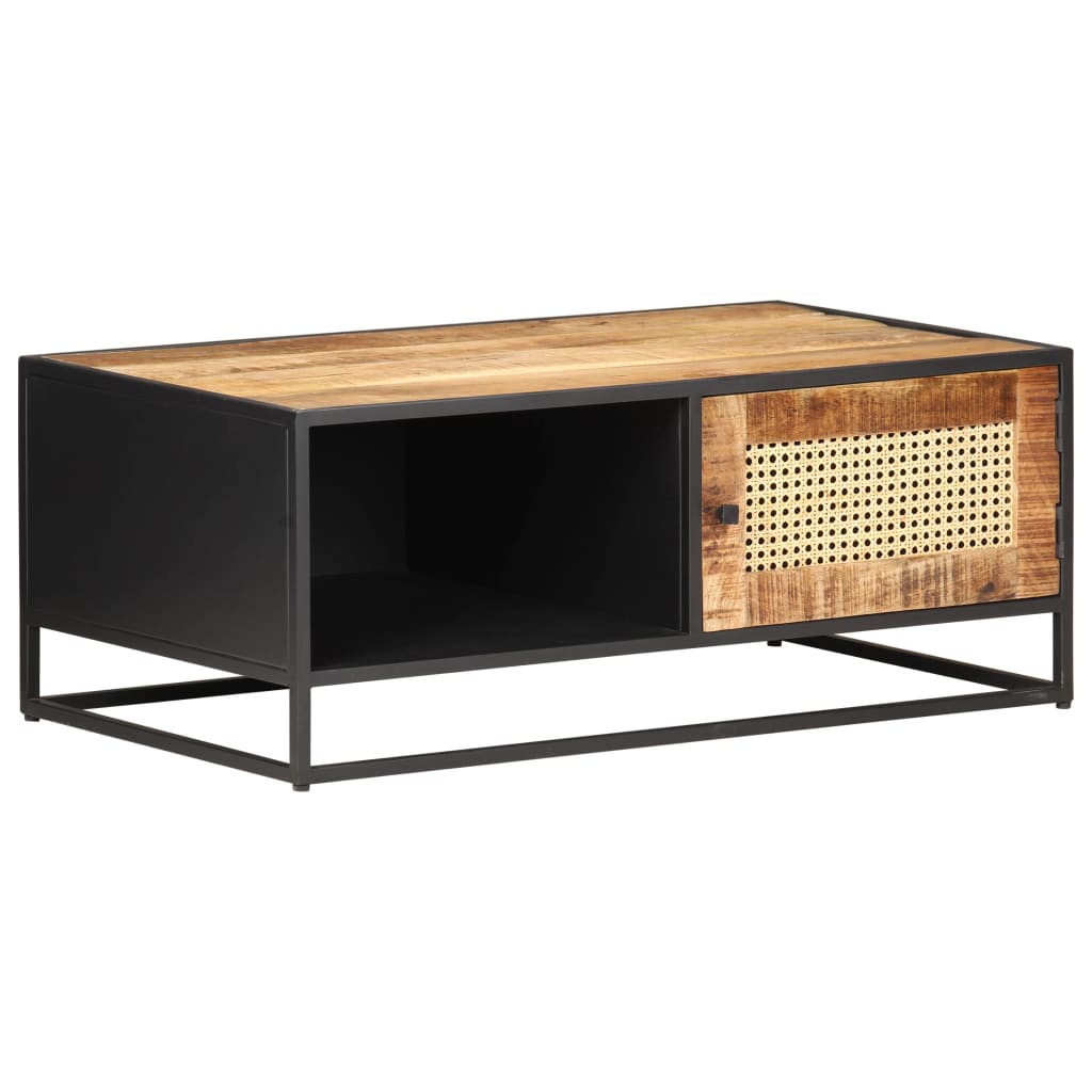 Tavolino da Salotto 90x50x35 cm Legno di Mango Grezzo e Canna