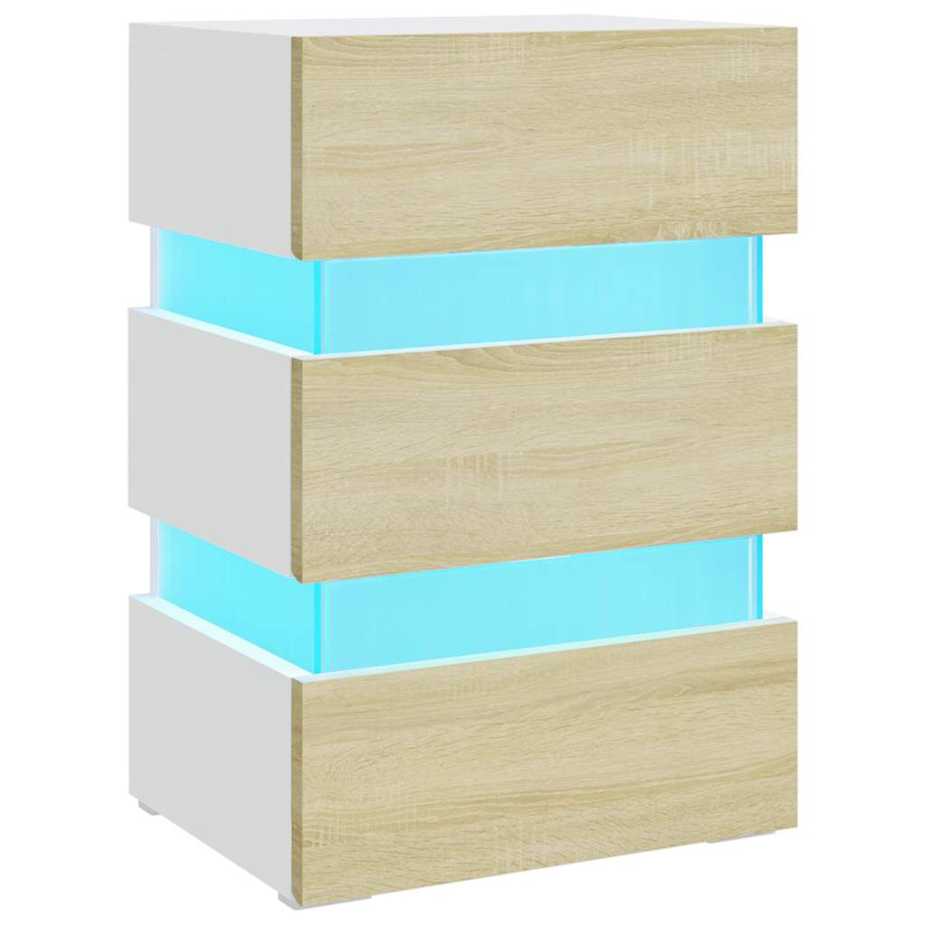 Comodino con Luci LED Bianco e Sonoma 45x35x67cm in Multistrato