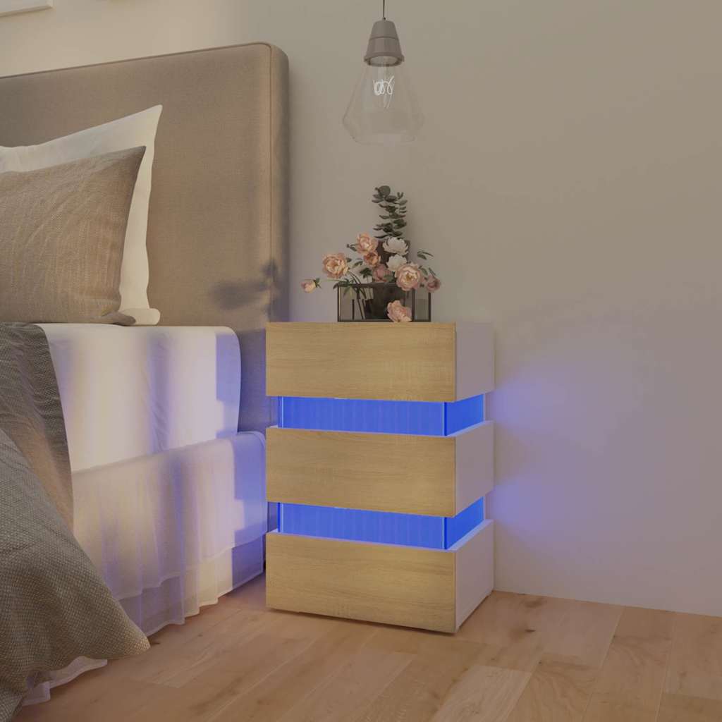 Comodino con Luci LED Bianco e Sonoma 45x35x67cm in Multistrato