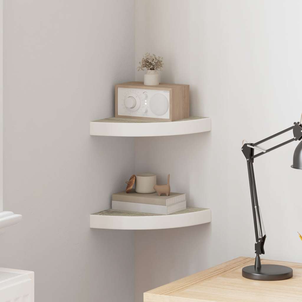 Mensole Angolari 2pz Rovere e Bianco 25x25x3,8 cm in MDF