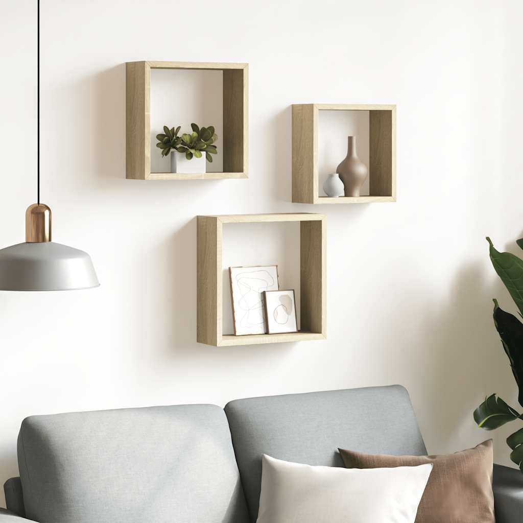 Mensole a Cubo da Parete 3 pz Rovere Sonoma
