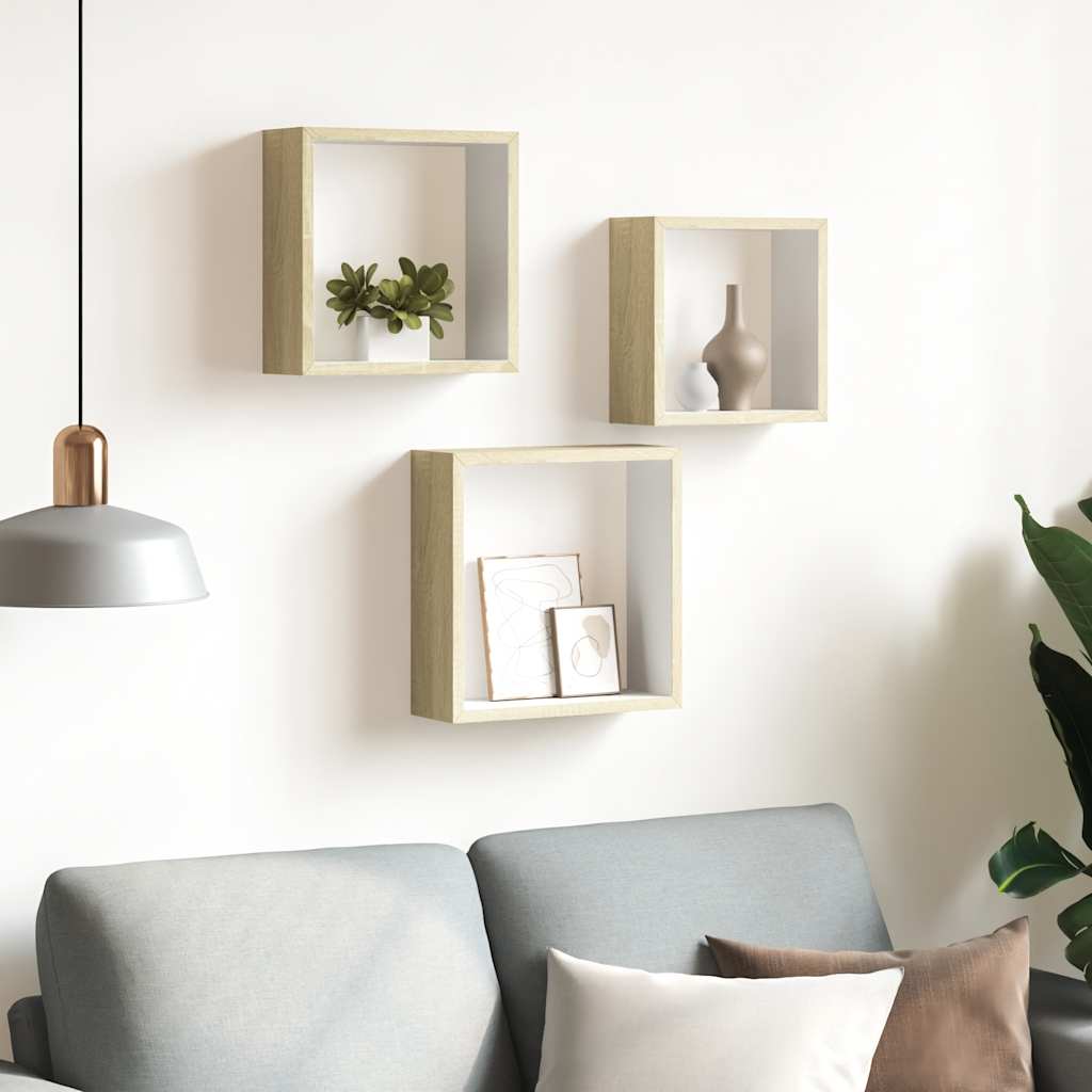 Mensole a Cubo da Parete 3 pz Bianco Rovere Sonoma