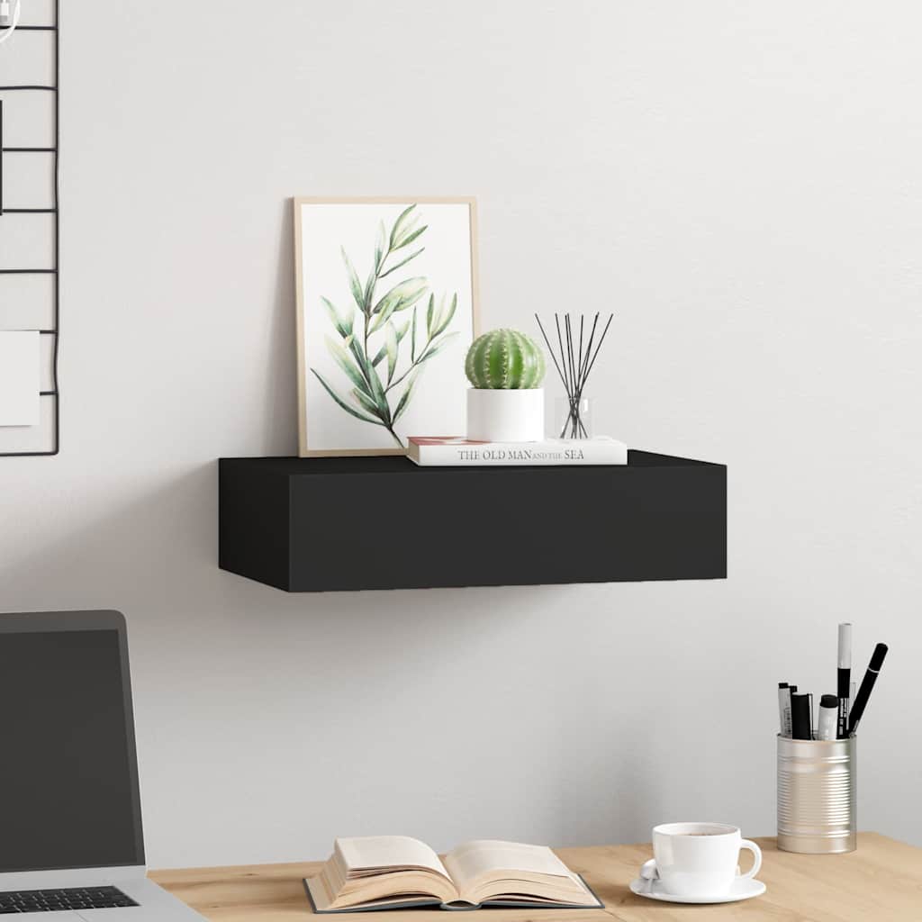 Scaffale con Cassetti da Parete Nero 40x23,5x10 cm in MDF