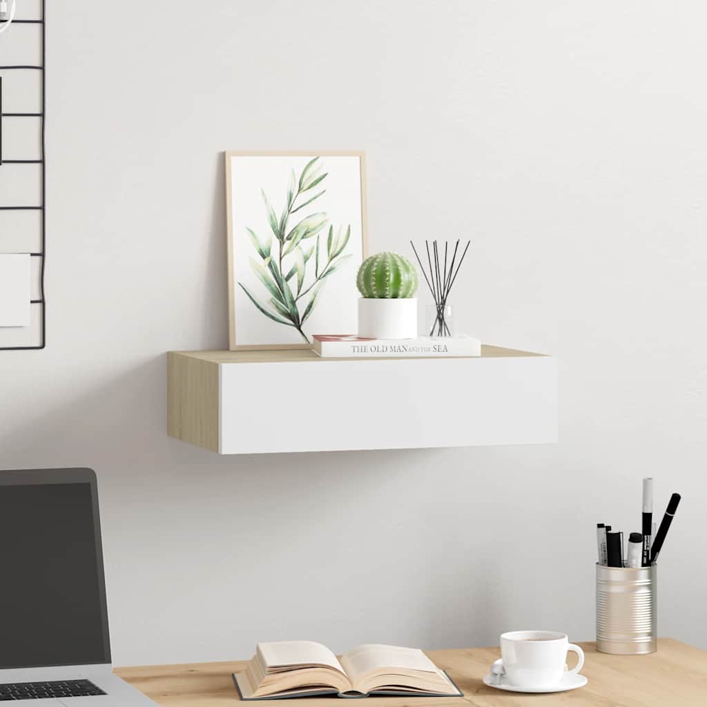 Mensola a muro con cassetti in rovere e bianco 40x23,5x10 cm MDF