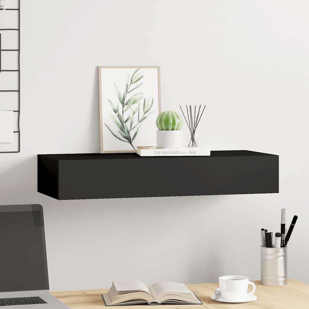 Scaffale con Cassetti da Parete Nero 60x23,5x10 cm in MDF