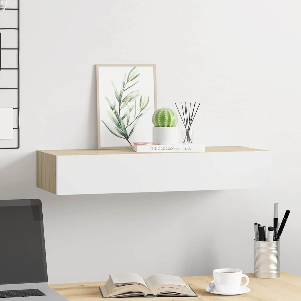 Mensola a muro con cassetti in rovere e bianco 60x23,5x10 cm MDF