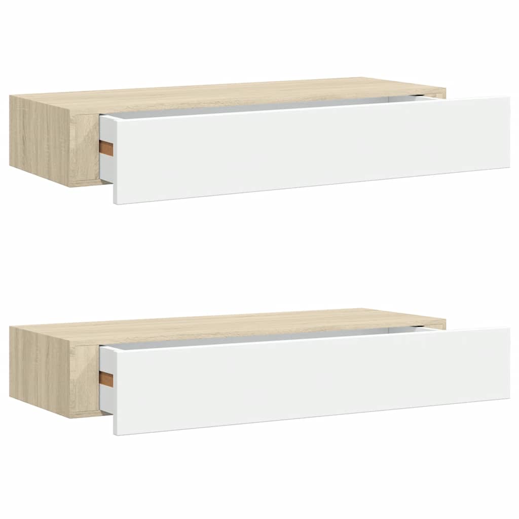 Scaffali a muro con cassetti 2 pz rovere e bianco 60x23,5x10 cm MDF