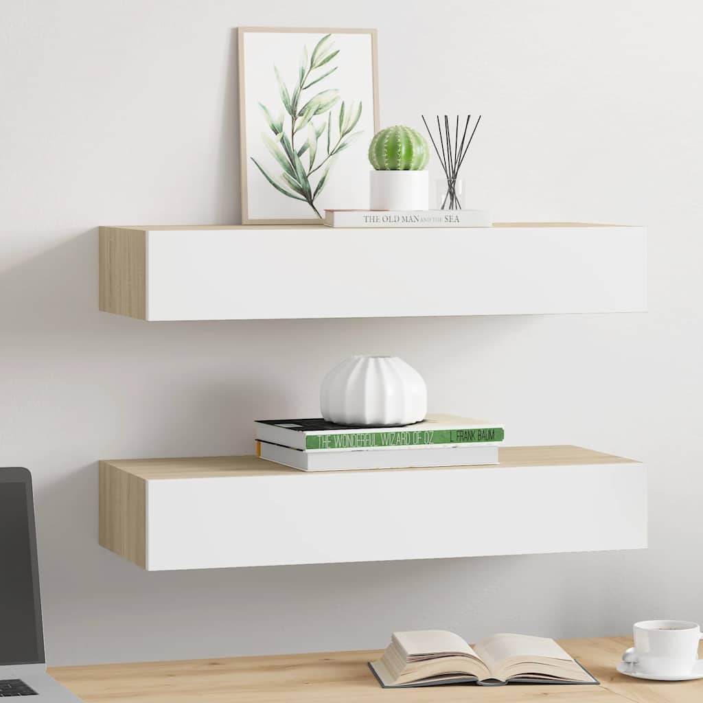Scaffali a muro con cassetti 2 pz rovere e bianco 60x23,5x10 cm MDF