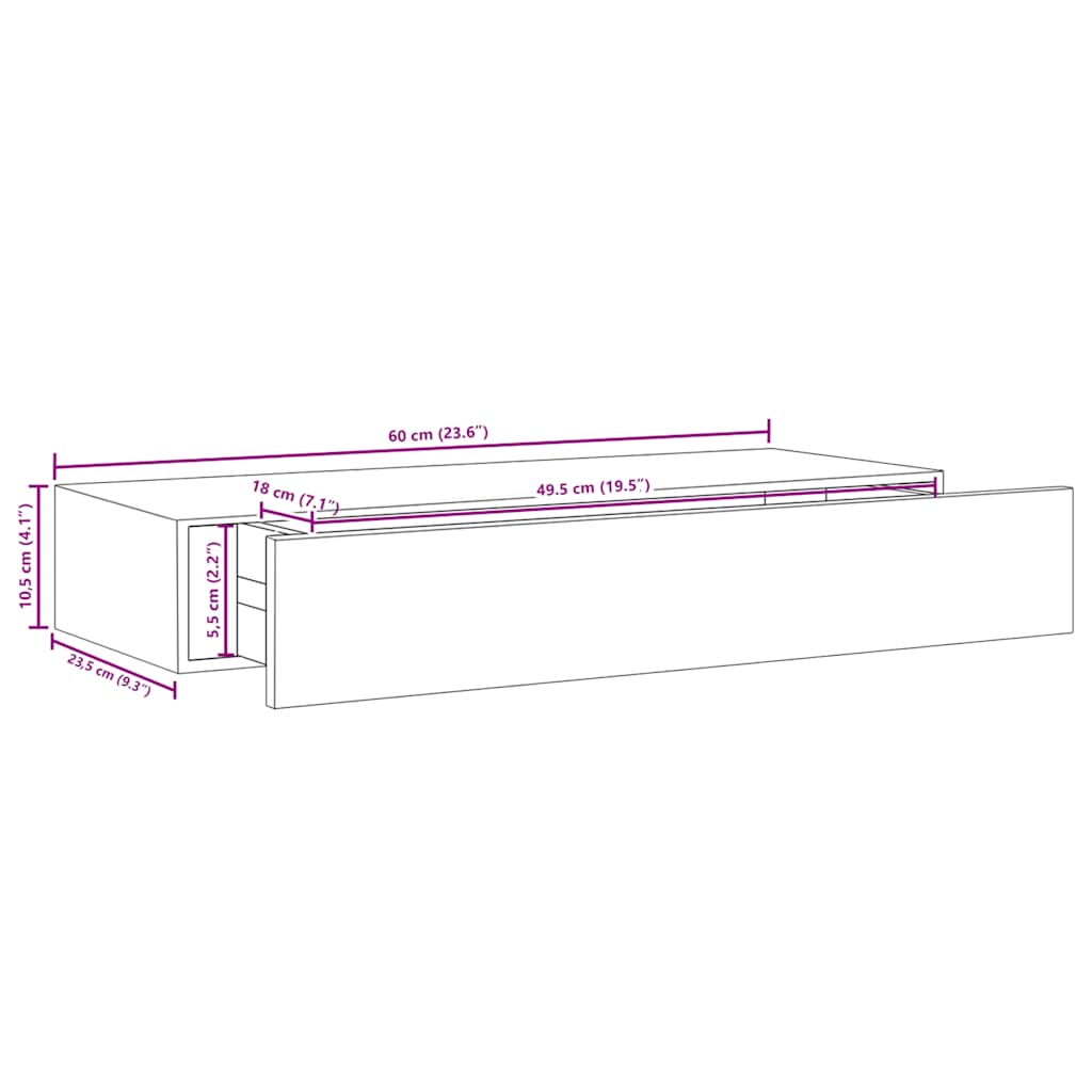 Scaffale con Cassetti da Parete Grigio Cemento 60x23,5x10cm MDF