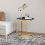 Tavolino Oro e Marmo Nero 45 cm in Vetro Temperato