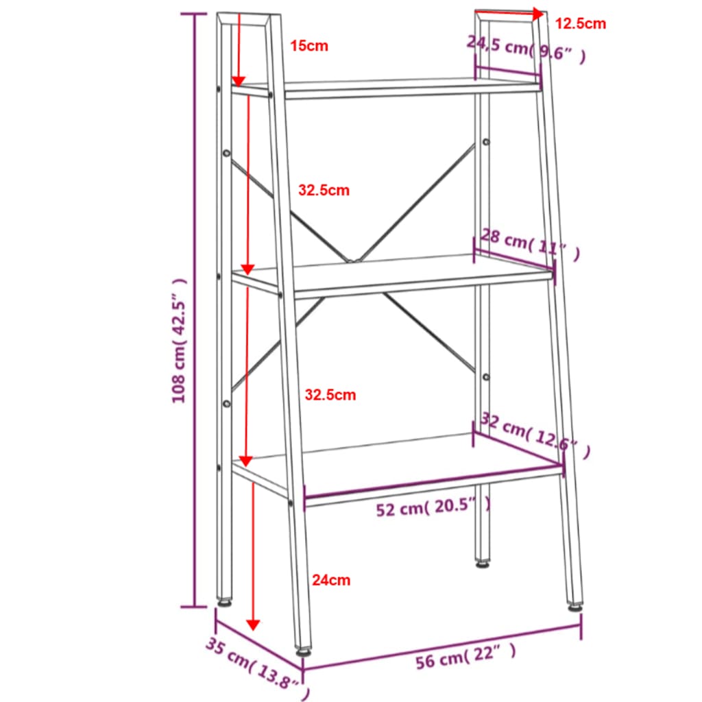 Scaffale Autoportante 3 Ripiani Marrone Chiaro Nero 56x35x108cm