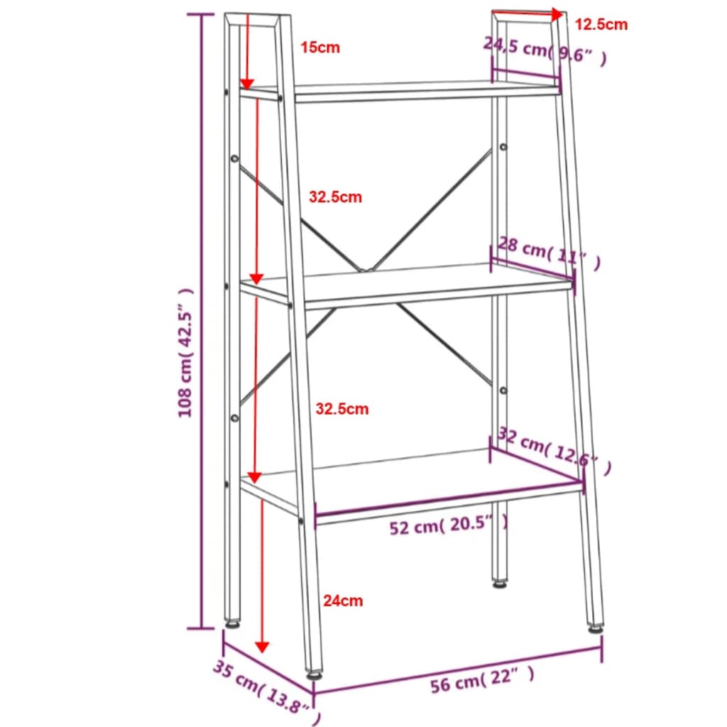 Scaffale Autoportante 3 Ripiani Marrone Scuro Nero 56x35x108 cm