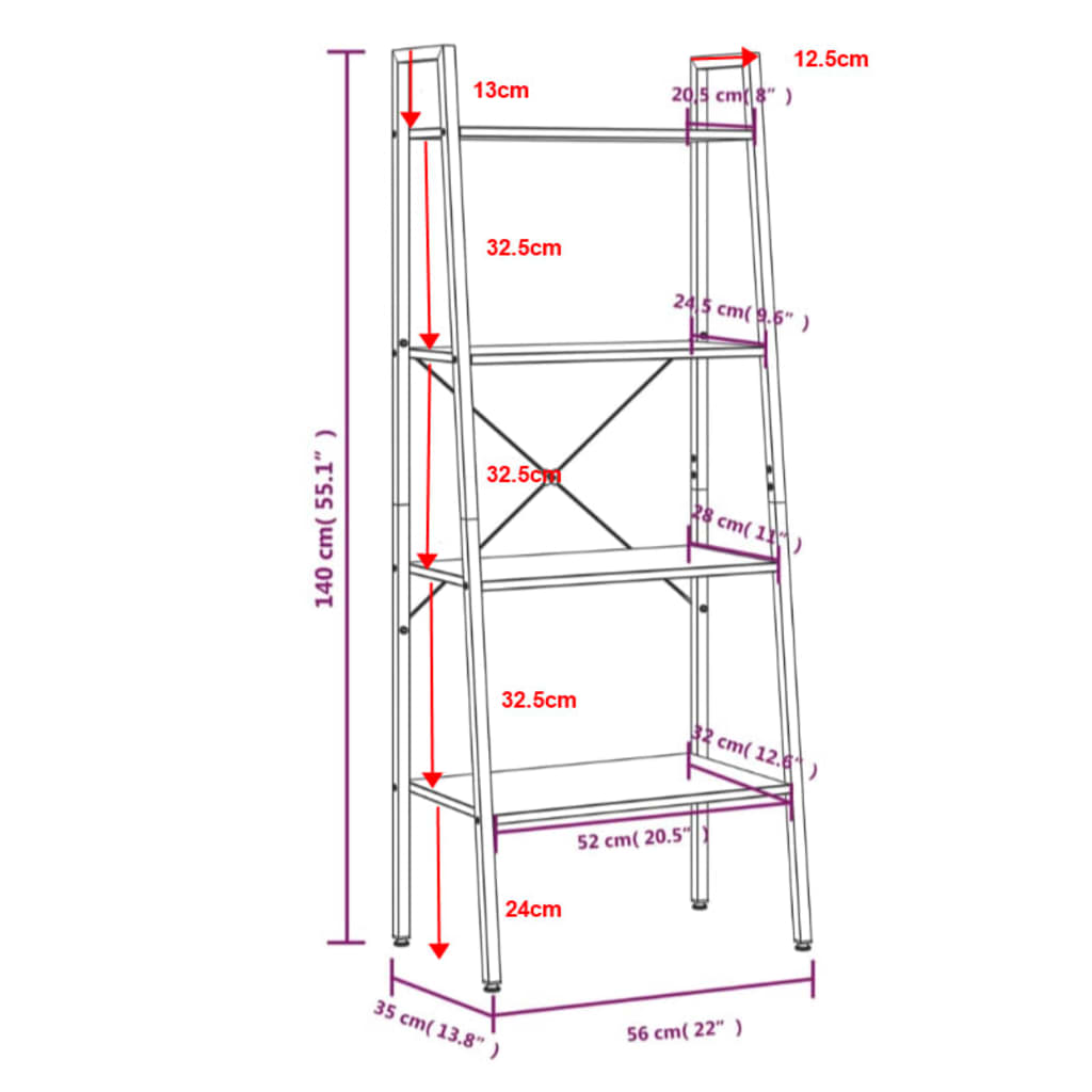 Scaffale Autoportante con 4 Ripiani Nero 56x35x140 cm