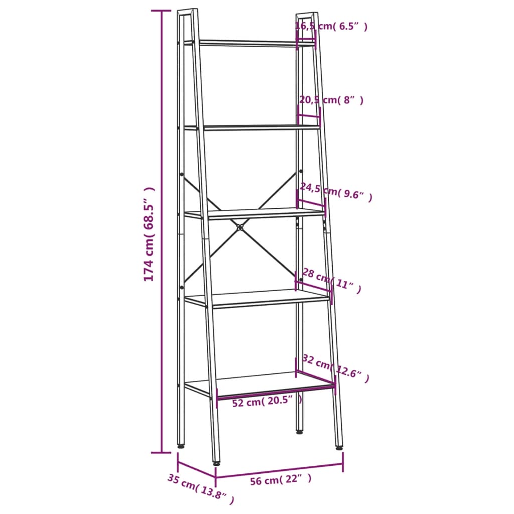 Scaffale Autoportante 5 Ripiani Marrone Chiaro Nero 56x35x174cm