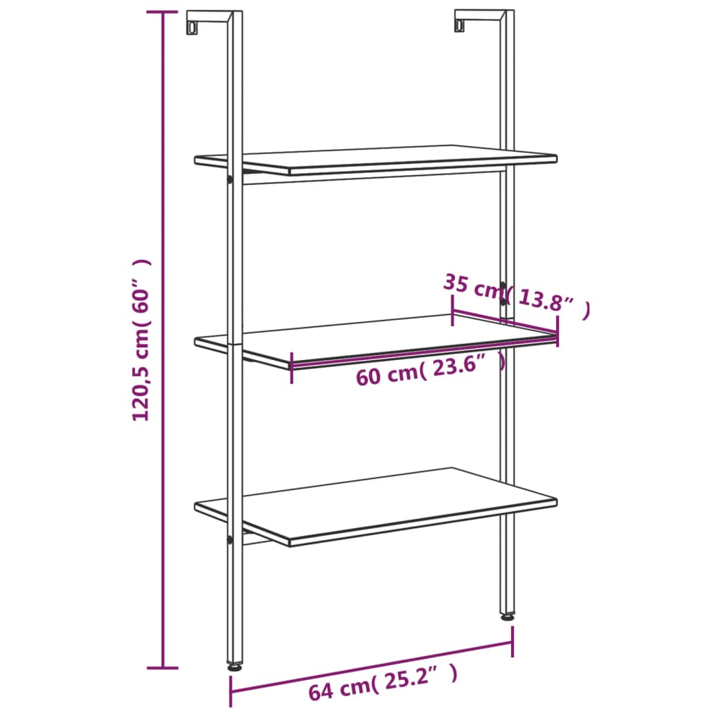 Scaffale Pendente a 3 Livelli Nero 64x35x120,5 cm