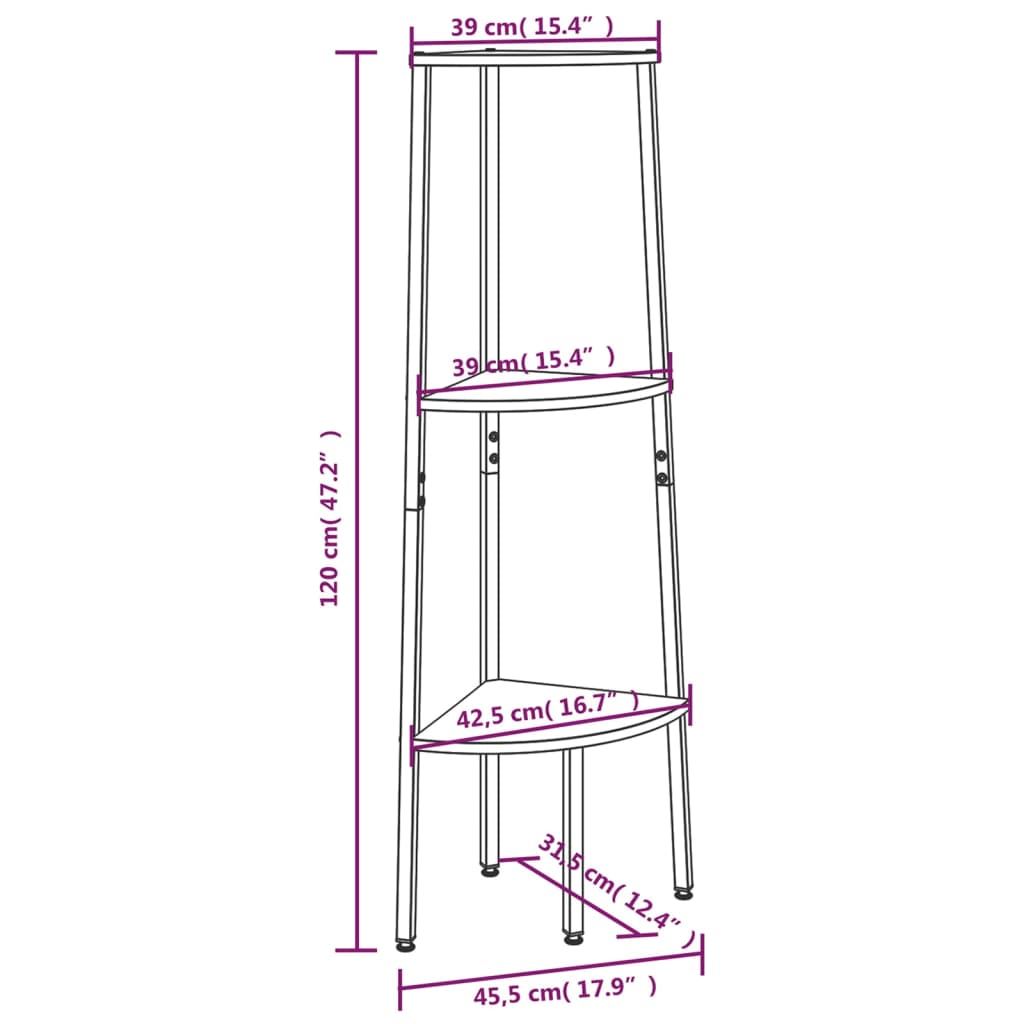 Scaffale Angolare a 3 Livelli Nero 45,5x31,5x120 cm