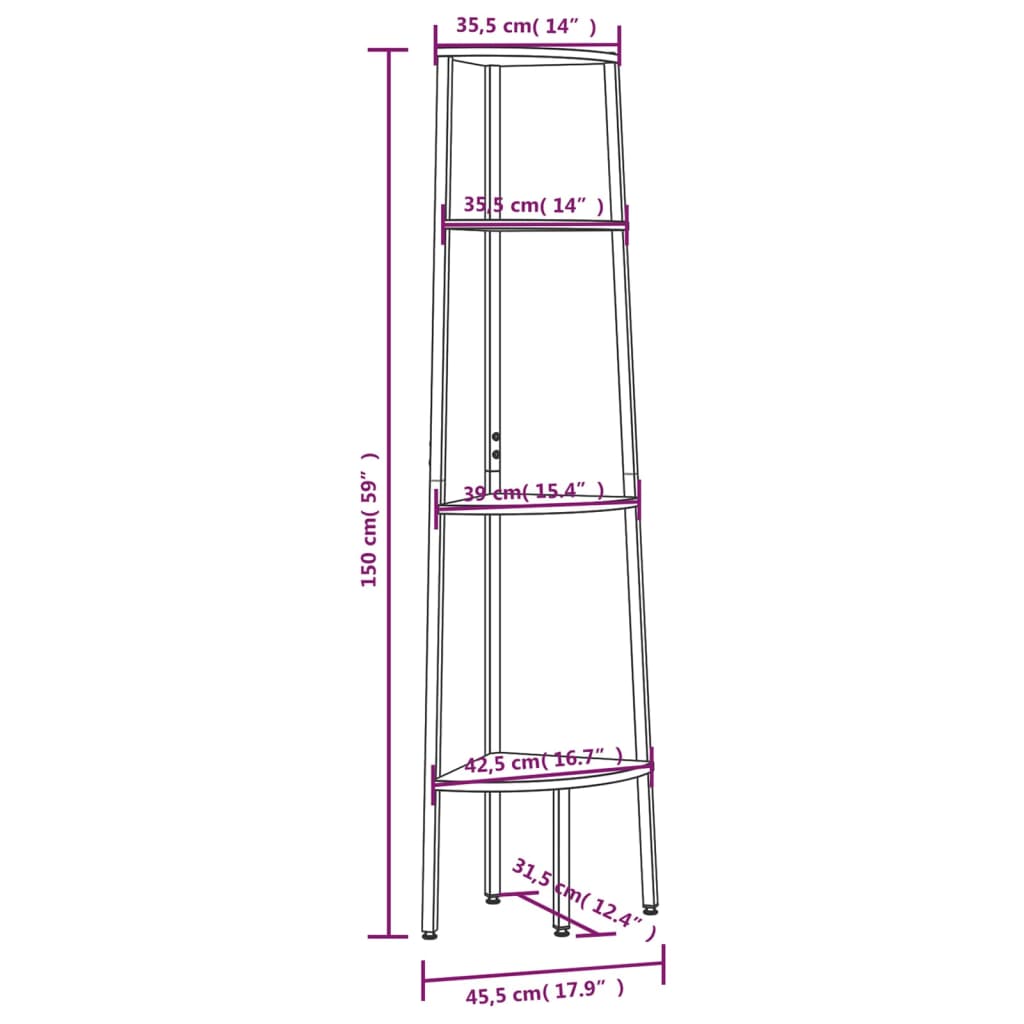 Scaffale angolare a 4 ripiani marrone chiaro e nero 45,5x31,5x150 cm