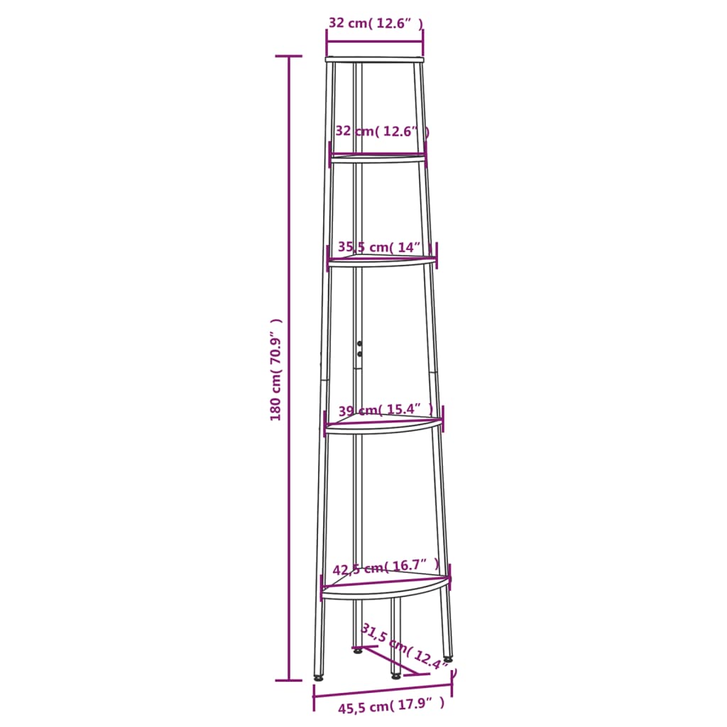 Scaffale Angolare a 5 Livelli Nero 45,5x31,5x180 cm