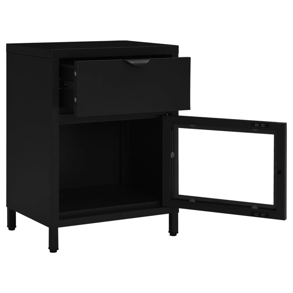 Comodino Nero 40x30x54,5 cm in Acciaio e Vetro