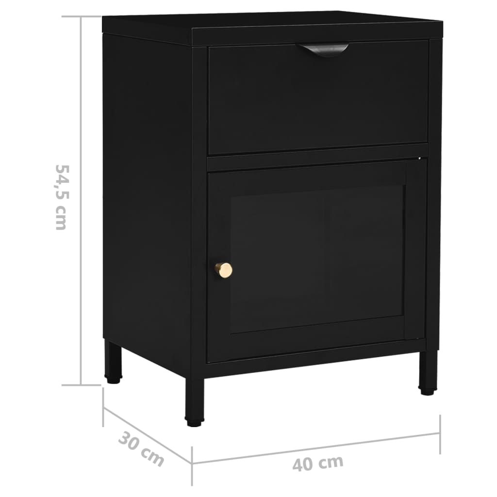 Comodino Nero 40x30x54,5 cm in Acciaio e Vetro