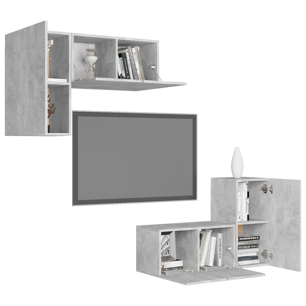 Set di Mobili Porta TV 4 pz Grigio Cemento in Legno Multistrato