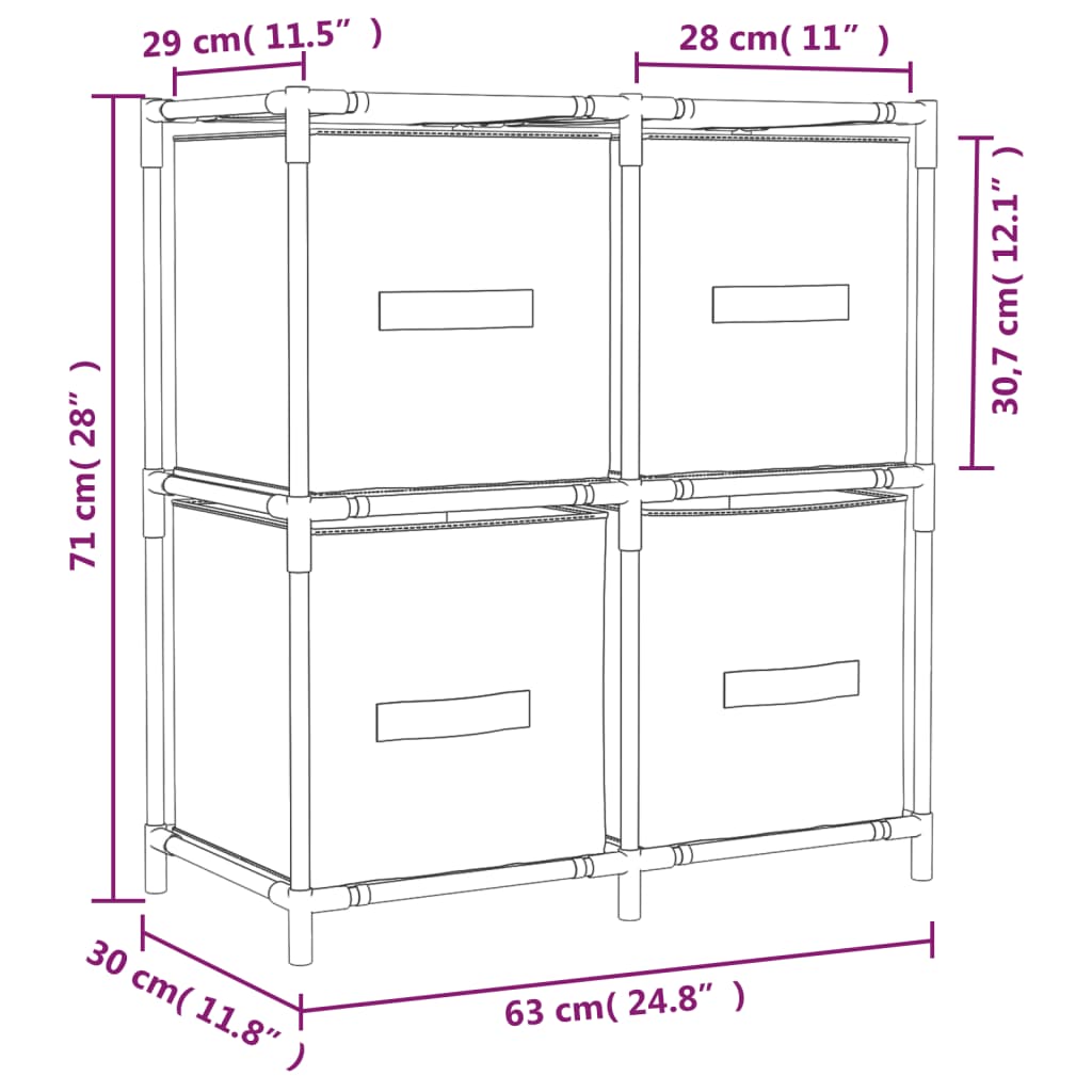 Armadietto con 4 Cesti in Tessuto Crema 63x30x71 cm Acciaio