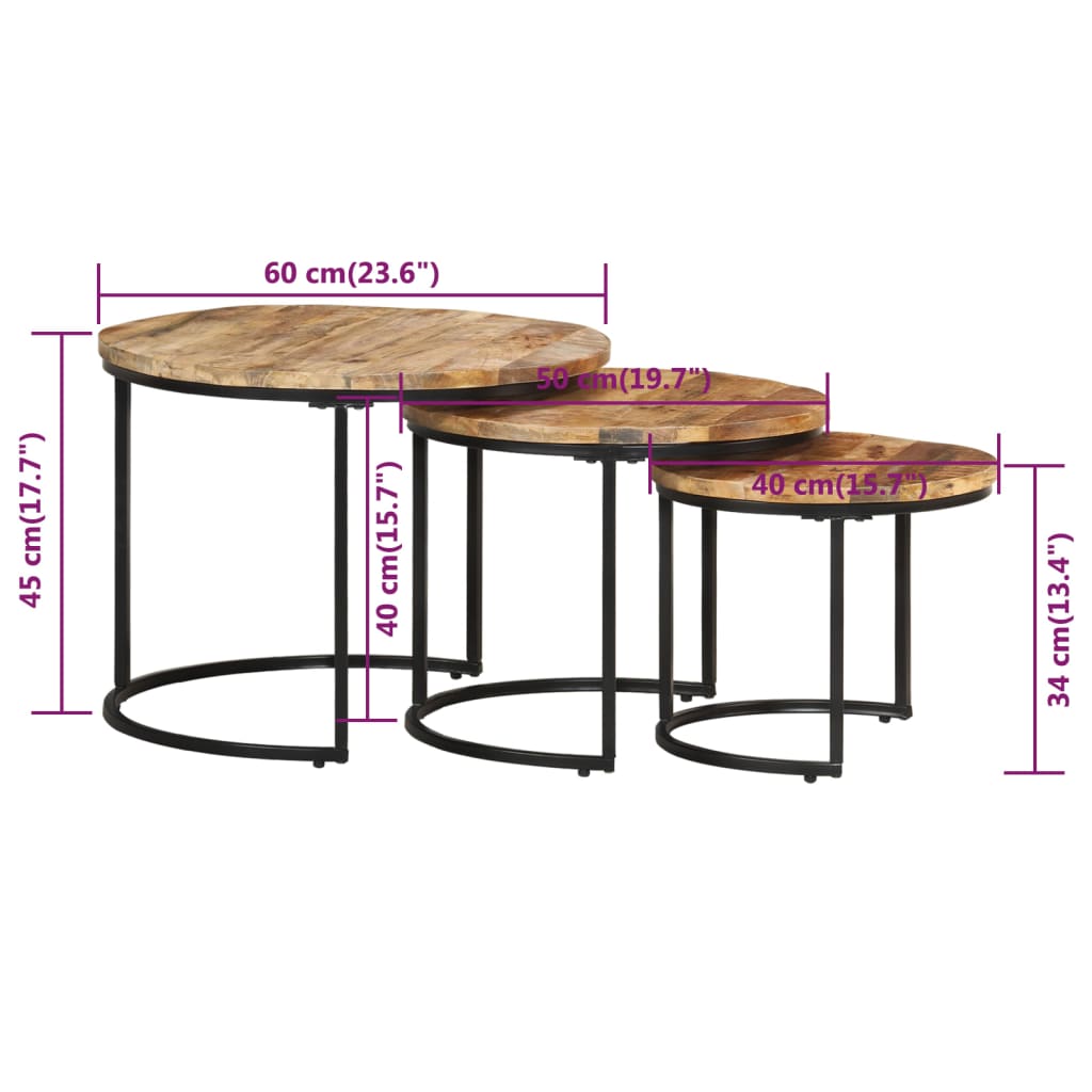 Tavolini Impilabili 3 pz in Legno di Mango Grezzo