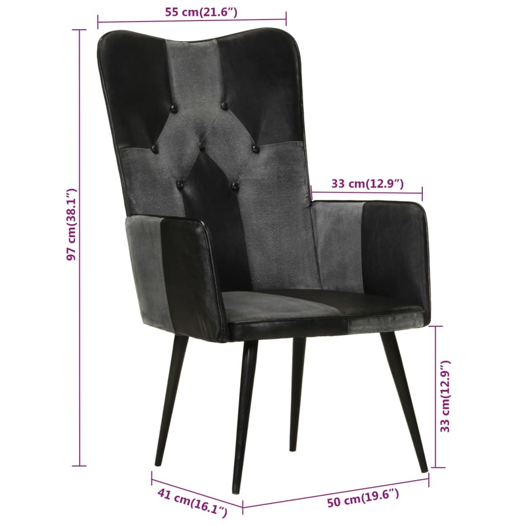 Poltrona Wingback Nera e Grigia in Vera Pelle