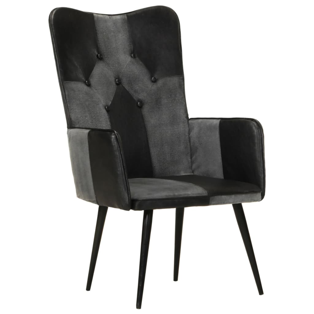 Poltrona Wingback Nera e Grigia in Vera Pelle